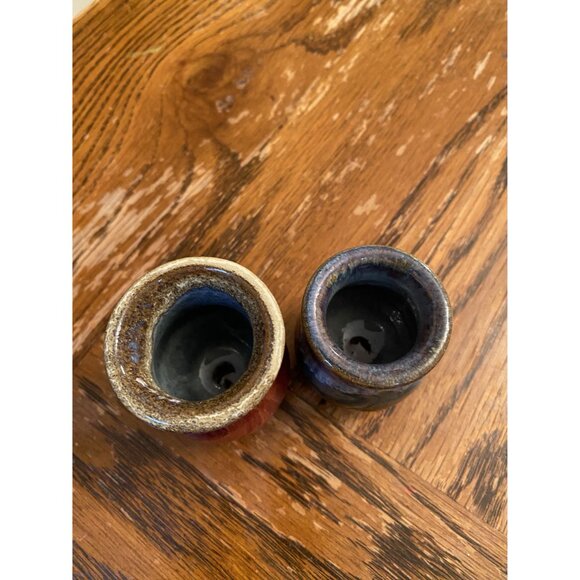 Handcrafted Clay Pottery Mini Vases Pair - Red & Green Glazed Stoneware - 2 Inch - Picture 3 of 4